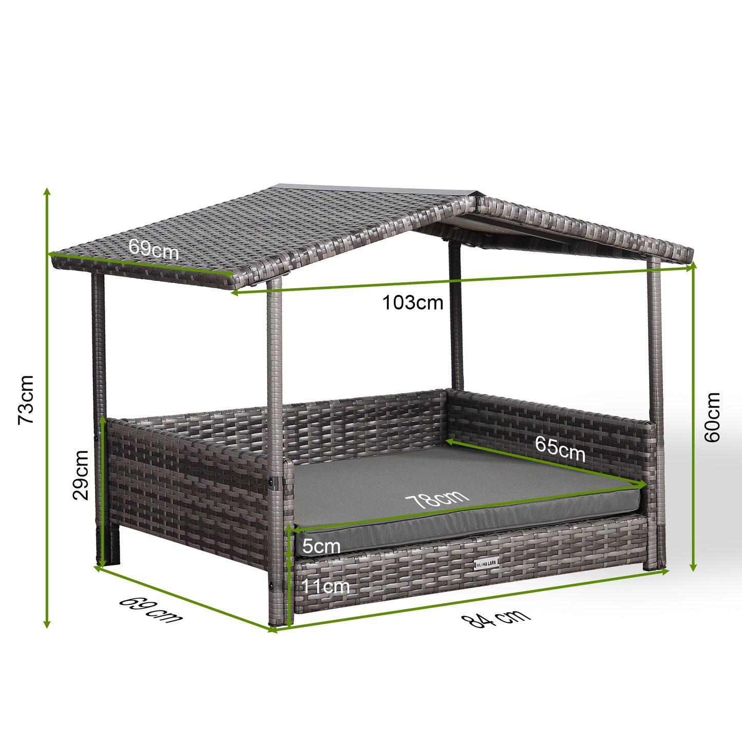 Ultralark Wicker Raised Dog House, erhöhtes Hundebett aus Rattan für drinnen und draußen, mit wetterfestem Dach und abnehmbarer Kissenlounge in Grau (groß) 
